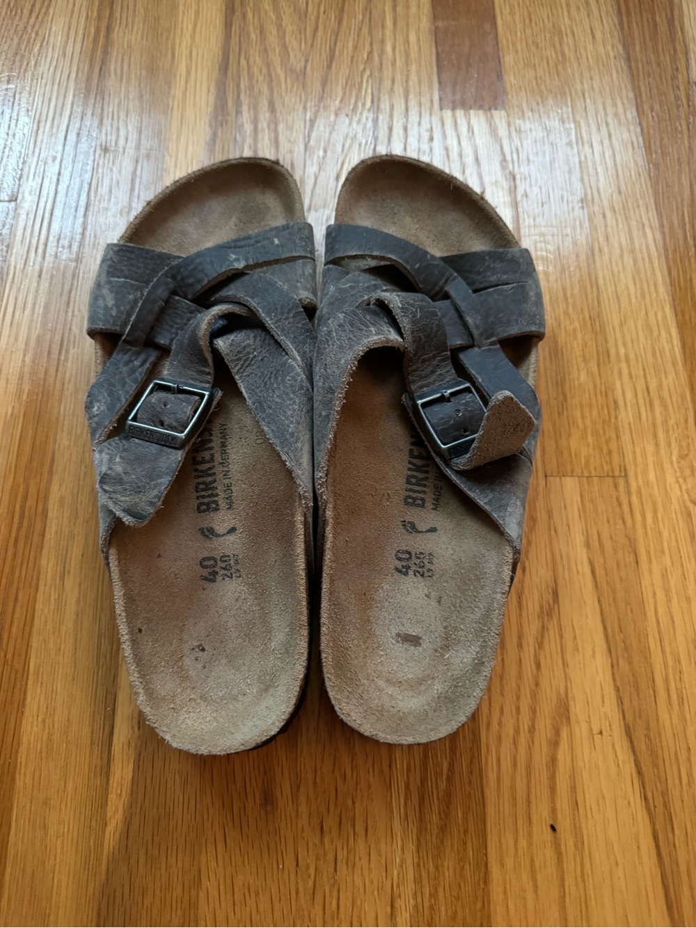 Birkenstock Distressed Brown Crisscross Suede Sandals